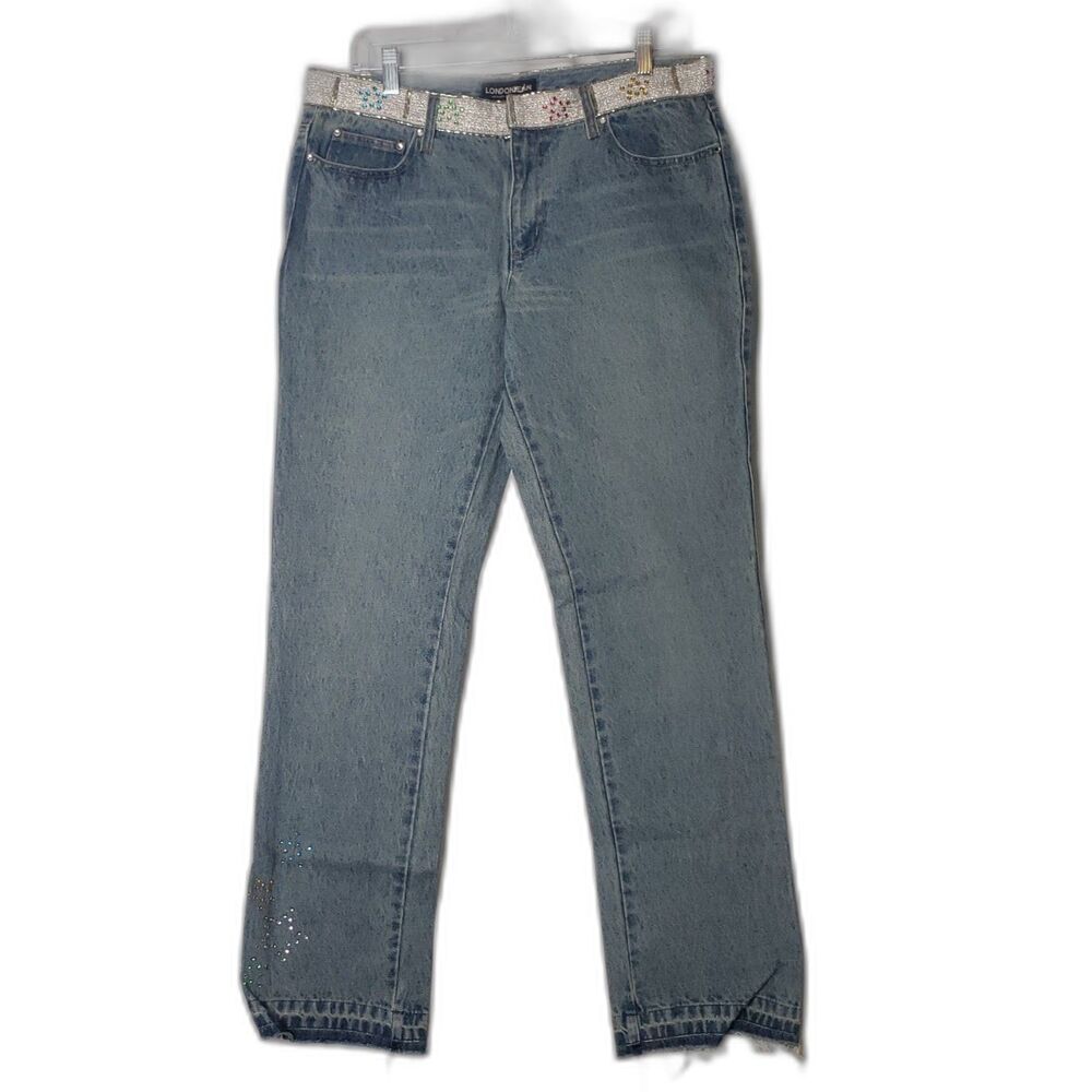 LONDON JEAN Beaded Silver Waistband Distressed Denim Jeans Womens Size 14 NEW